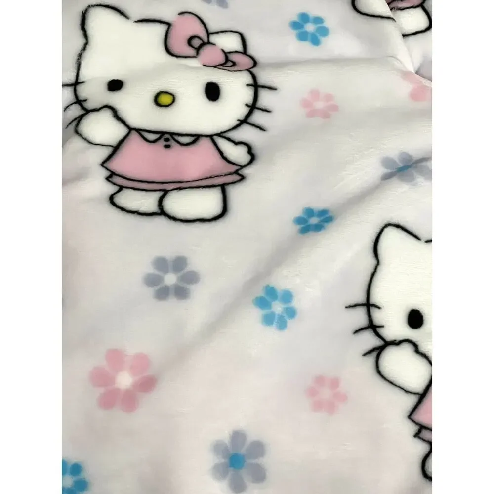 Hello Kitty Throw Blanket Spring Blue Pink Flowers Plush Fleece 50 X 70” Easter